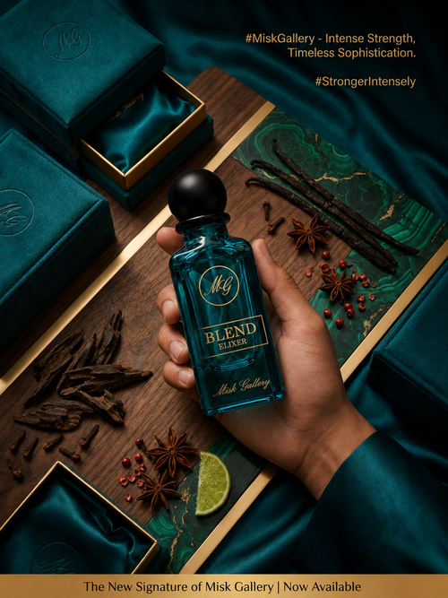 Blend Elixer by Misk Gallery – hand holding teal bottle with spices