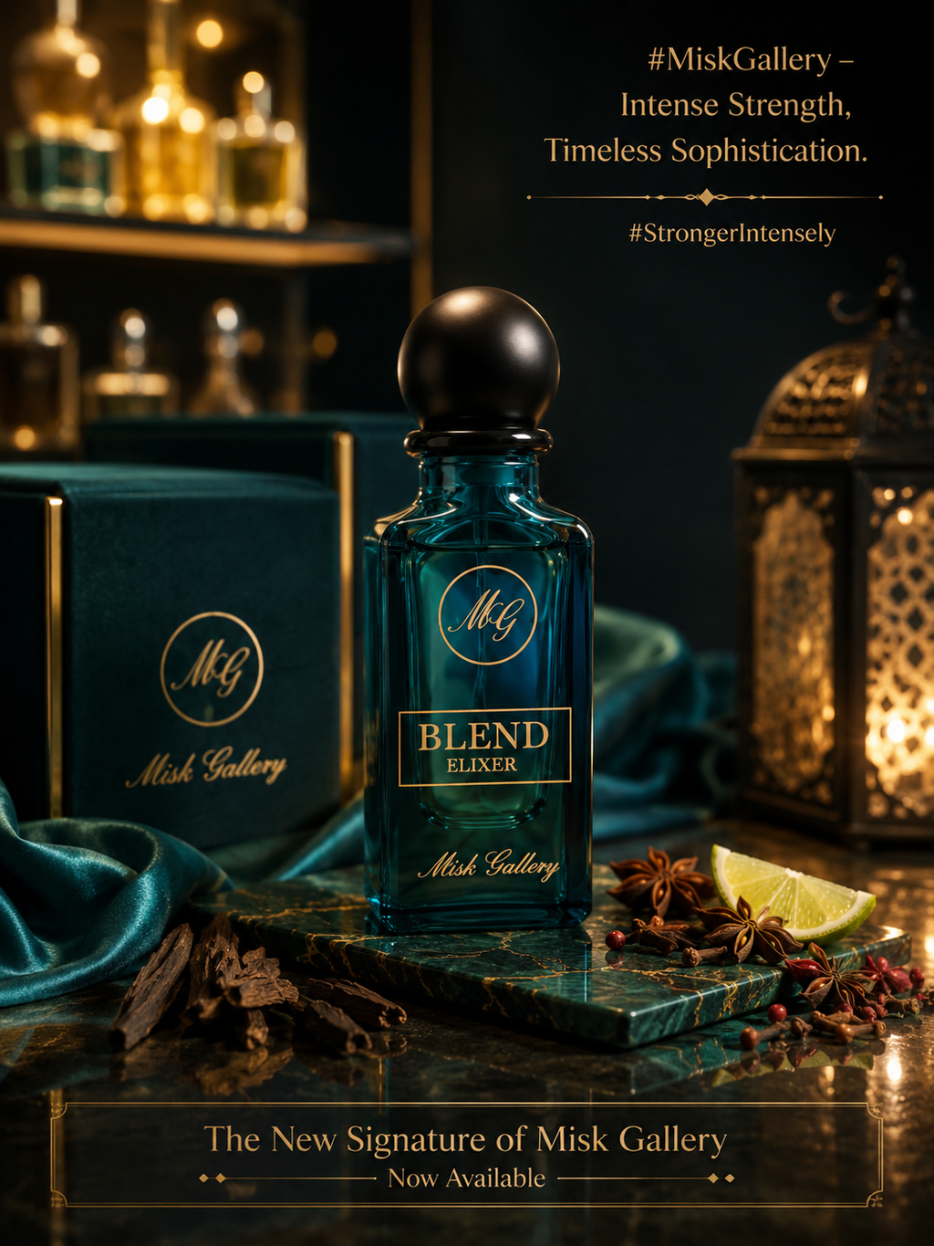 Blend Elixer by Misk Gallery – bottle with luxury packaging and lantern